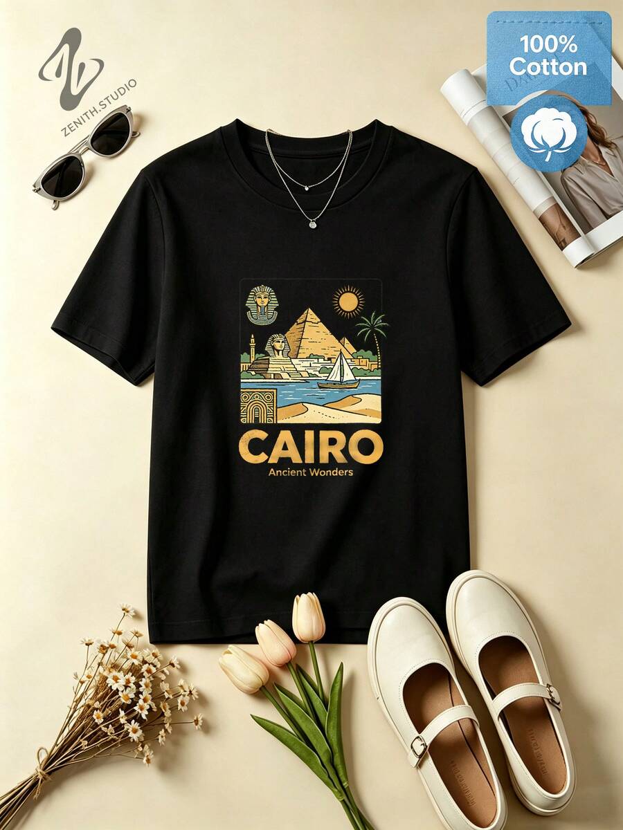 CAIRO Historic Pyramid & Desert Print Cotton Graphic T-Shirt For Exploration Vintage Look - 黑色 - 查看 1