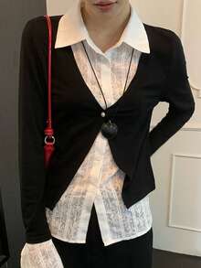 Korean Style Fashion 2 In 1 Black Shirt Collar Design Long Sleeve Top, Preppy Layered Versatile T-Shirt - Black - View 2