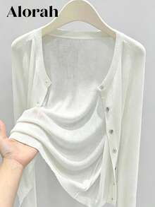 Alorah New Plus Size Elegant Casual Knit Cardigan, Solid Color Round Neck Long Sleeve Single Button Sheer Design - White - View 3