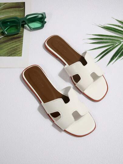 Women's H-Strap Flat Square Toe Casual Slides, Summer Beach Vacation Essential, Solid Color Bohemian Beach Sandals