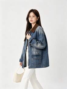 Brown American Retro Maillard Style Versatile Denim Jacket Zip-Up Top For College Office Daily Wear Spring Autumn - Blue - View 2
