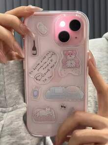 DIY Cute Fun Snowman Tree Illustration Transparent Phone Case, Compatible With IPhone 17 Air 16 ProMax 15 14 13 12 11 Pro Max, Clear Cute Shockproof Protective Case (DIY Phone Case Stickers Can Be Customized) - Pink + Sticker - View 2