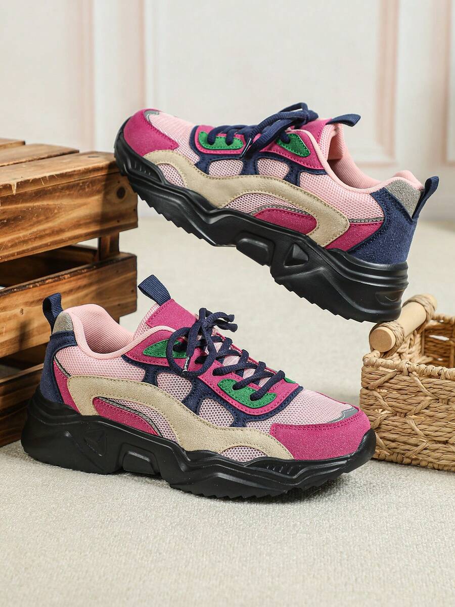 Men Street Fashion Color Patchwork Platform Sneakers, Light Cushioned Wedge Chunky Sole All Season Trainers For Daily Trip Jogging Commute - Rose Pink Blue Black Background - View 1