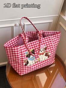Puppy Pattern Plaid Tote Bag, Flat Cute Dog Print, Casual Plaid Shoulder Bag And Portable Coin Purse, Mini Makeup Bag With Zipper, Large Capacity Canvas Shoulder Bag, Slouchy Handbag, Multi-Functional Shopping Bag, Campus Style Tote Bag, Suitable For Shopping, Commuting, Back To School, Travel And Daily Use, Unique Birthday Gift, Holiday Gift, Party Gift, Teacher Gift - Multicolor - View 6