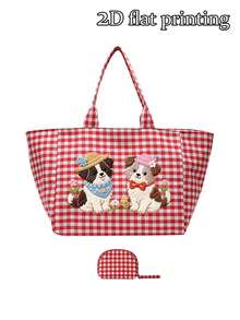 Puppy Pattern Plaid Tote Bag, Flat Cute Dog Print, Casual Plaid Shoulder Bag And Portable Coin Purse, Mini Makeup Bag With Zipper, Large Capacity Canvas Shoulder Bag, Slouchy Handbag, Multi-Functional Shopping Bag, Campus Style Tote Bag, Suitable For Shopping, Commuting, Back To School, Travel And Daily Use, Unique Birthday Gift, Holiday Gift, Party Gift, Teacher Gift - Multicolor - View 12