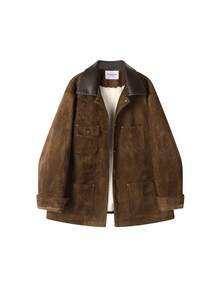 Jaket Kancing Depan Bahan Suede Beludru Gaya Gudang Vintage Maillard Warna Cokelat, Kasual untuk Kantor, Sehari-hari, Musim Dingin - Coffee Brown - View 3