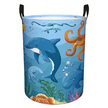 A Cartoon Ocean Animal Patterned Laundry Basket With Dolphins, Octopuses, And Seaweed Designs, Featuring Handles For Storage, Perfect For Clothes And Bedroom Decor. - Baby Blue - View 6