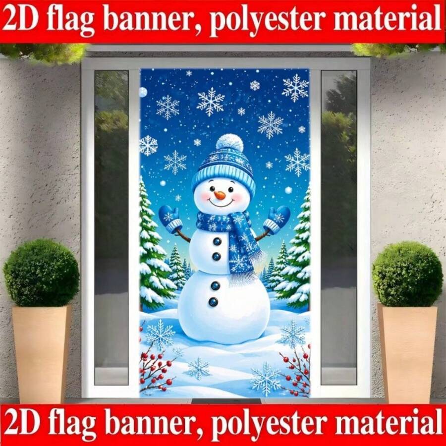 2D Plane 1 Piece Of Winter Christmas Snowman Theme Banner Background. Cute Snowman With Snowflakes, Pine Trees And Red Fruits In The Winter Scene. Made Of Polyester Material, No Power Supply Required.