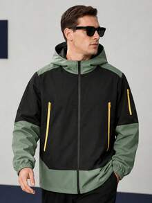 Chaqueta con capucha con cremallera y manga larga para hombre de talla grande, diseño de bloques de color, adecuada para exteriores, senderismo, uso casual, todas las estaciones, otoño - Verde militar - Ver 1