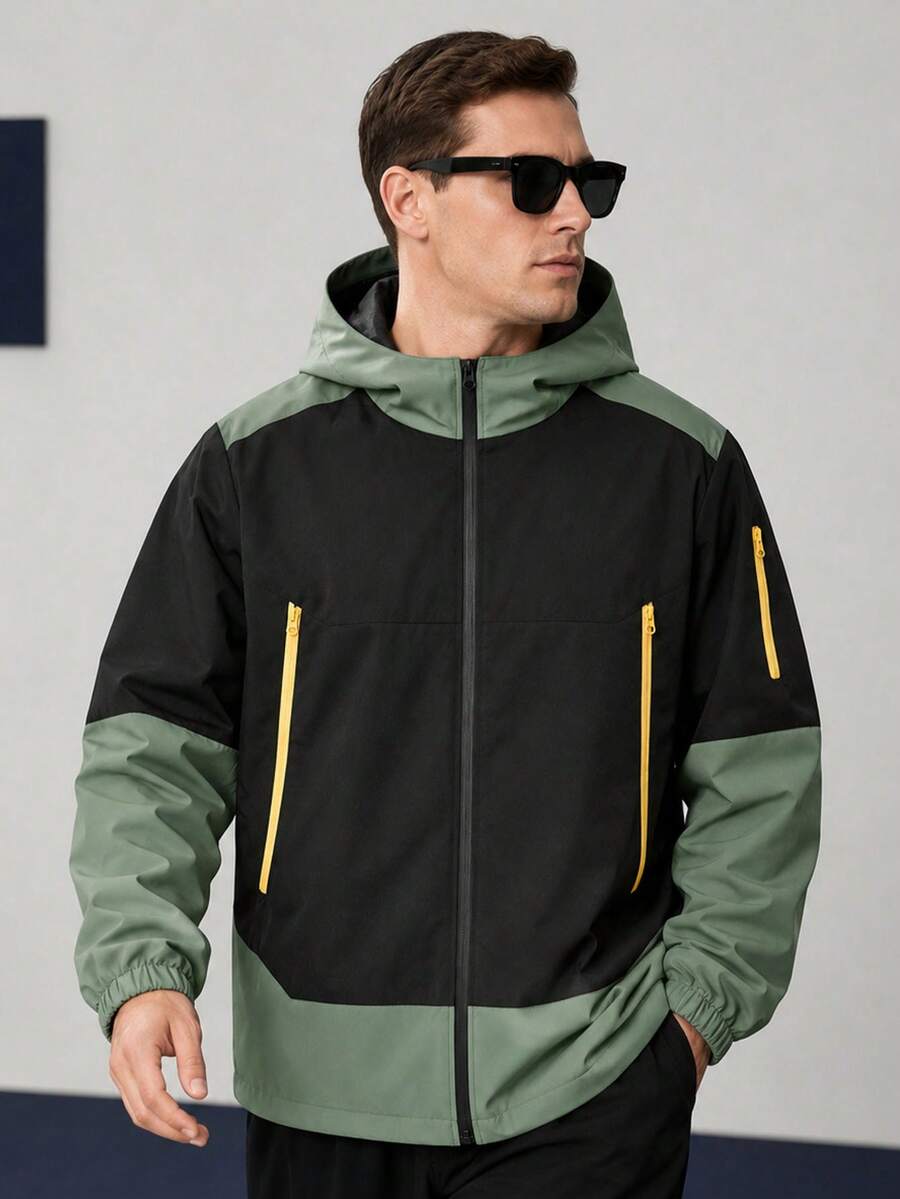 Chaqueta con capucha con cremallera y manga larga para hombre de talla grande, diseño de bloques de color, adecuada para exteriores, senderismo, uso casual, todas las estaciones, otoño - Verde militar - Ver 1