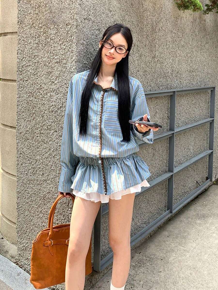 Korean Style Casual Colorblock Striped Long Sleeve Waist-Cinching Blouse Tops (Random Stripes) - Blue - View 1