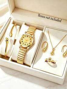 6Pcs Set | Casual Stretch Band Watch + Teardrop Jewelry | Perfect Gift For BFF & Girlfriend - Gold - View 5