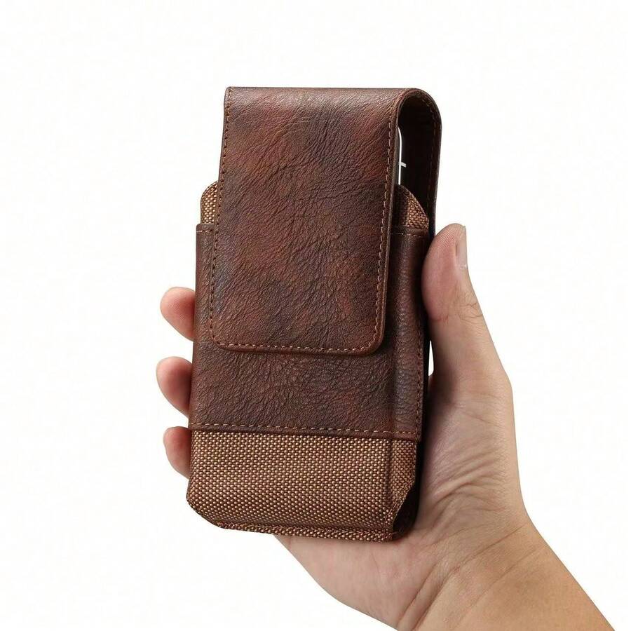 Premium Cowhide Texture PU Waist Bag, Fits Phones 6.5"/6.7"/6.9"/7.2" With Belt Clip - Brown - View 1