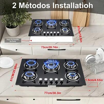 Parrilla de Gas Empotrable de Mesa 5 Quemadores Cristal Templado Compatible con Gas Natural (GN) y GLP