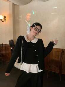 Contrast Color Peter Pan Collar Layered Ruffle Hem Elegant Preppy Style Long Sleeve T-Shirt Top - Black - View 7