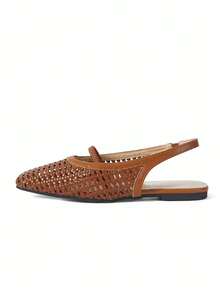 planare Sandal Wanita Model Baru Populer Musim Panas, Desain Minimalis Tenun Jaring Bernapas, Tali Belakang Model Slingback, Ujung Persegi, Tali Belakang, Warna Cokelat, Cocok untuk Perjalanan Sehari-hari - Coklat - View 10