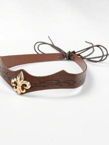 1pc Medieval Vintage Embossed PU Leather Headband Crown, Gold-Plated Iris Flower Emblem, Adjustable Tie Head Circumference, Suitable For Halloween Cosplay, Renaissance Viking Market LARP Costume Accessory - A - View 4