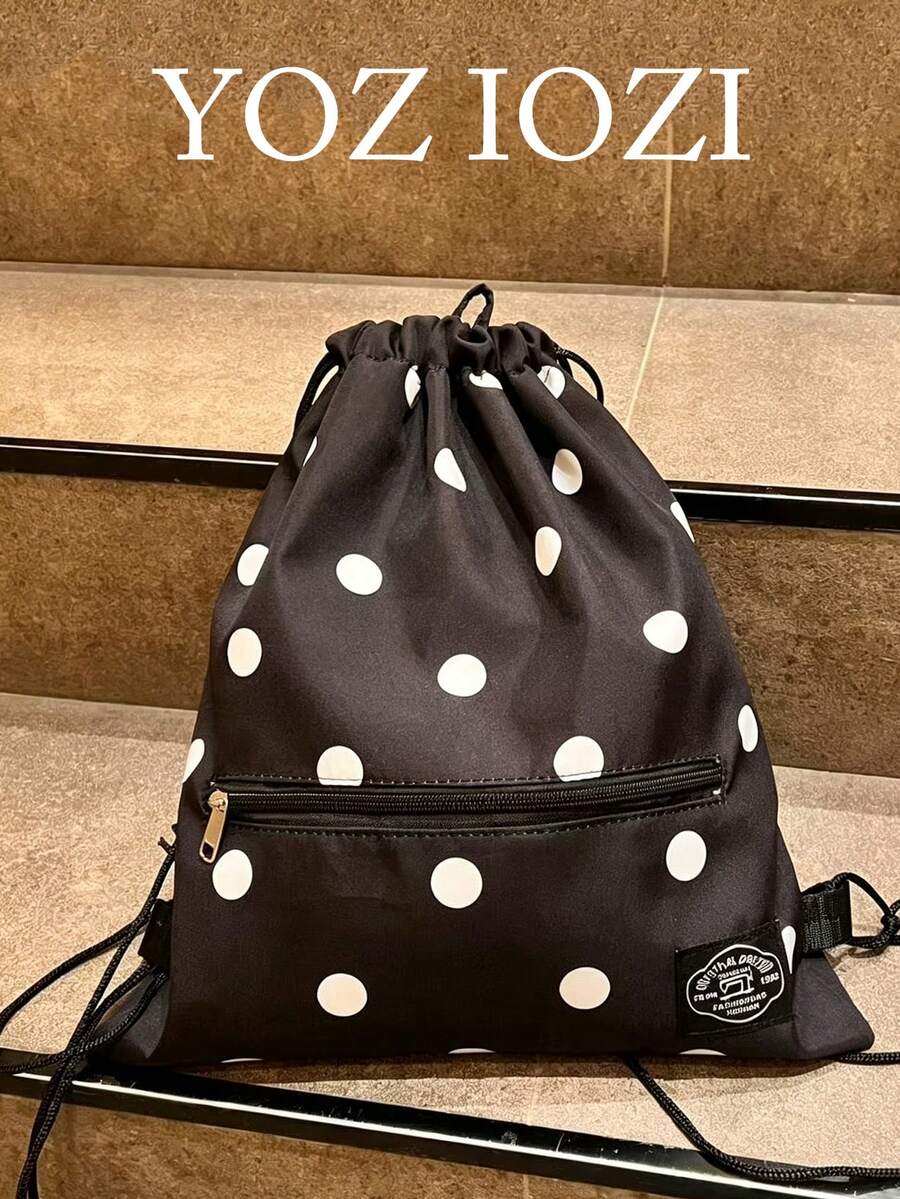 開學季小眾設計風波點抽繩後背包 黑色極簡休閒學生款 可愛波點印花 大容量輕量通勤外出日常購物學生背包 - 黑色 - 查看 1