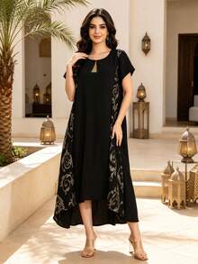 Heavy Gold Embroidery Arabic Women's Black Elegant Dress, JALABIA Gold Tassel Round Neck Short Sleeve Minimalist Style Dress, 2026 Summer Casual Wear - Black - View 5