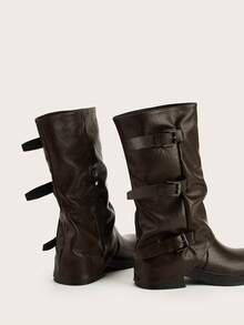 Women's Square Toe Coffee Brown Slip-On Western Style Buckle Mid-Calf Work Boots - Coffee Brown - View 4