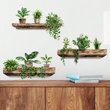 Exquisite Green Plant Wall Sticker Set (3pcs), PVC Glitter Potted Plant Shelf Stickers, Removable Waterproof Self-Adhesive Decoration, Suitable For Office, Lounge, Dorm, Classroom, Library, Home Decor - F040 - View 2