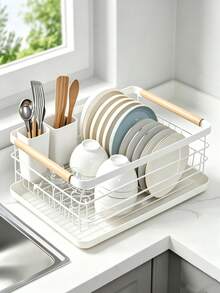 Black & White Carbon Steel Dish Drying Rack With Wooden Handle, Large Capacity Countertop Dish Rack,Kitchen Storage Rack,Countertop Plate Bowl Cup Organizer With Removable Utensil Holder & Drain Tray, Multi-Size Kitchen Dish Storage Rack For Home - View 3