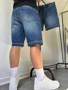 丹寧百慕達短褲 寬鬆寬腿 毛邊褲腳 中長款 夏季 Y2K 街頭風 休閒百搭 時尚牛仔短褲 - 寶藍色 - 查看 3