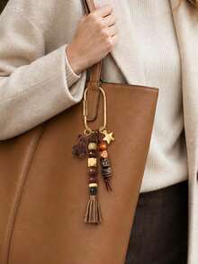 Bohemian Beaded Bag Charm, Vintage Beaded Keychain, Cute Bear & Star Pendant, Tassel Bag Charm, Brown Tone Bag Accessory, Neutral Style Wallet Charm, Handbag Accessory, Suitable For Keys, Wallets, Handbags, Fashionista Essential, Gift For Women, Lovers, Family, Friends, Unique Birthday Gift, Holiday Gift, Party Gift, Travel Gift - Multicolor - View 5