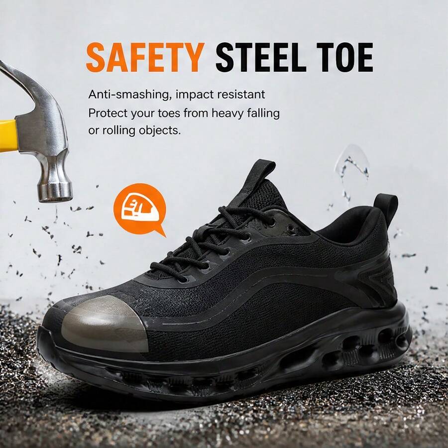 Lightweight Steel Toe Safety Shoes, Kevlar Puncture Proof Work Sneakers Non Slip Cushioned Breathable Industrial Footwear - Black - View 1