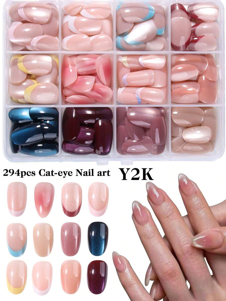 288片(12款混色)Y2K短橢圓法式貓眼穿戴甲,粉色、藍色、紫色貓眼壓克力假指甲套組 - 彩色 - 查看 1