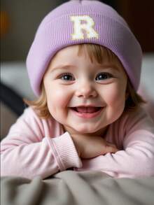 1PC Children's Knitted Hat With 26 Letters Pattern, Solid Color Knitted Caps, Children Hats For Girls, Warm Beanies For Outdoor, Autumn/Winter - Purple - View 3