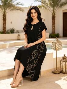 Heavy Gold Embroidery Arabic Women's Black Elegant Dress, JALABIA Gold Tassel Round Neck Short Sleeve Minimalist Style Dress, 2026 Summer Casual Wear - Black - View 11