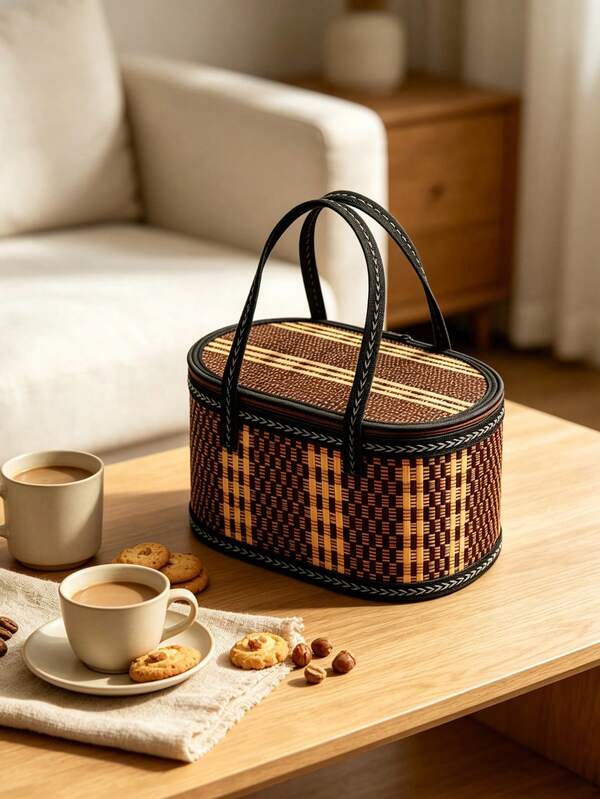 1pc Vintage Oval Bamboo Woven Picnic Basket, Handwoven With Handle, Storage Tote Bag, Country Pastoral Style, Outdoor Camping And Home Decor Storage Basket