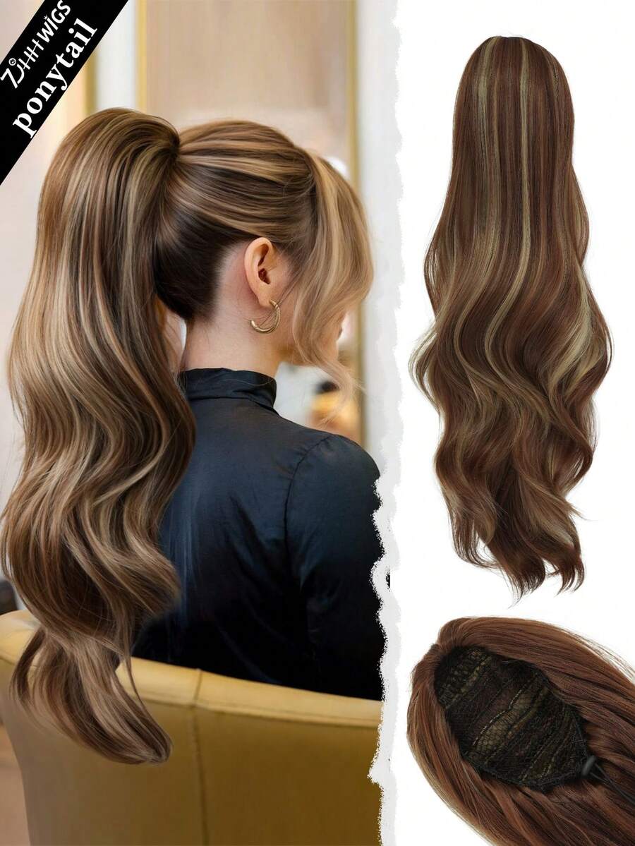7JHH WIGS 28英吋長蜂蜜棕色波浪馬尾接髮片,女用抽繩式與夾式固定,合成纖維髮飾,適合日常造型與萬聖節使用 - 亞麻棕 - 查看 1