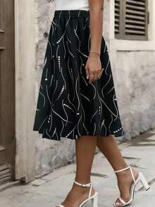 Rok A-Line Selutut Motif Garis dan Polkadot untuk Wanita Ukuran Plus - Hitam - View 5