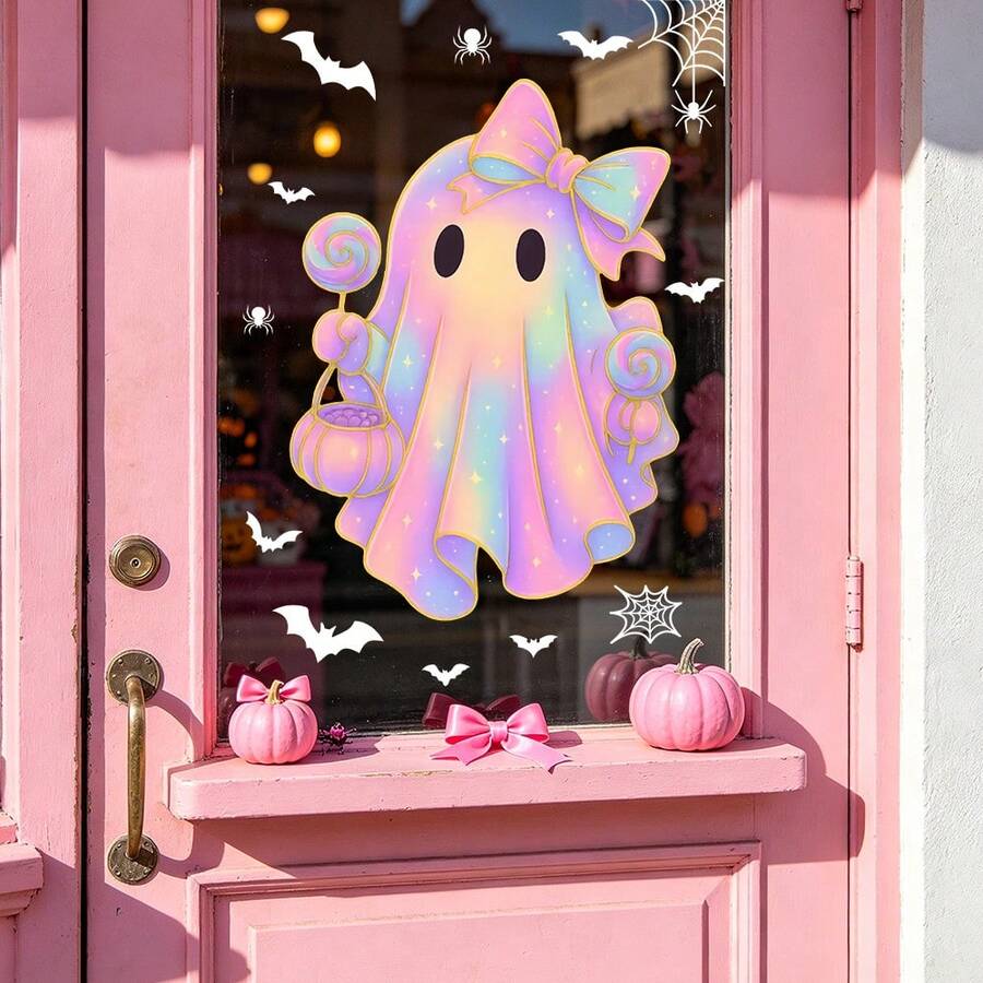 1/4pcs Halloween Cute Ghost Static Window Clings Bow Bats Reusable Double Sided Glass Stickers For Halloween Holiday Party Home Decoration