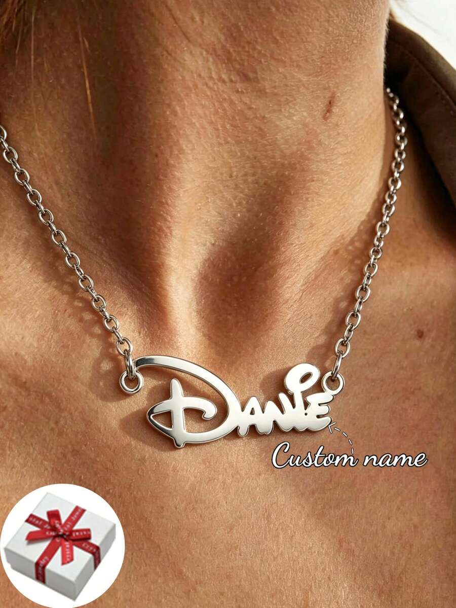 Personalized Name Customized Necklace Men Women Silver Stainless Steel Chain Customized Engraved Pendant Jewelry Silver Stylish,Fall Fashion,Contracted,Simple,Casual,Old Money Custom,Personalized,Unique Ideal Gifts For Her Girlfriend,Mom,Family,Friends,Daughter For Anniversaries,For Valentine's Day,For Mother's Day,For Birthdays,For Graduation,For Daily Wear,For Weddings,For Prom Valentines,New Year Glamour - Silver - View 1