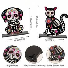 2pcs Day Of The Dead Altar Candy Skull Altar Table Decor, Wooden Day Of The Dead Dog And Cat, Mexican Halloween Indoor Desktop Decoration, Suitable For Home Use - View 4