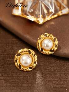 1 Pair Gold Stainless Steel Faux Pearl Stud Earrings, Exaggerated Round Fashion Elegant Personalized Earrings, Suitable For Women's Daily Wear, Halloween, Women's Jewelry - Gold - View 2