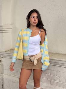 Women's Dopamine Striped Short Knit Cardigan, Soft Fuzzy Blue‑Yellow Sweater Jacket, Sweet Style For Fall Winter Daily & School Outings - Baby Blue - View 4