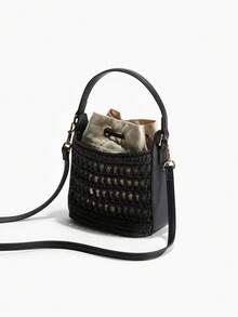 Women's Straw Bucket Bag Small Handbag, Straw Bucket Bag Summer Small Woven Crossbody Bag, Women's Hobo Bucket Bag, Vacation Handbag, Straw Beach Bag, Fashionable, Durable And Many Other Advantages, Perfect For Vacation, Dating, Work, Party, Shopping, Evening Party, Travel, Beach And Daily Use. - Black - View 2