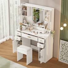 105 * 152 * 40 Cm Dressing Table/Vanity In A Modern, Minimalist Style / High-Quality Vanity Made Of Chipboard / With Adjustable LED Lighting And Power Outlet / Equipped With 6 Drawers And 4 Doors / Suitable For The Bedroom / White - 白色 - 查看 3