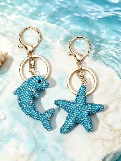 English: Rhinestone Ocean Keychains, Dolphin Starfish Crystal Bag Charms Handbag Decor Accessories