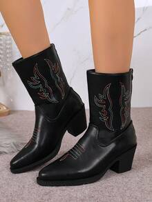 Women's Retro 2026 New Embroidered Western Boots, Chunky Heel, Pointed Toe, Back Zipper, Fashion Ankle Boots For Outdoor Wear - Black - View 6