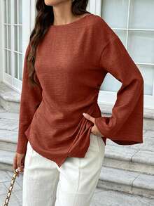 Women's Blue Woven Fabric Boat Neck Long Sleeve Shirt, With Asymmetric Hem And Drop Shoulder Design, Basic Fashion Blouse - Red - View 4