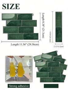 防水 2D 磚紋牆板 DIY 貼磚，可移除自黏式牆貼，適用於廚房浴室防濺牆及節日裝飾 - 深綠仿瓷牆貼 - 查看 2