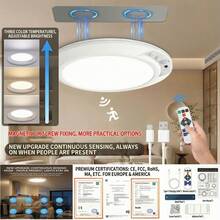 Rechargeable Motion Sensor Ceiling Light, Wireless Magnetic LED Ceiling Light With Remote Control, 3 Color Temperature Adjustable Brightness, No Wiring Adhesive Light, Suitable For Closet, Hallway, Stairwell, Bedroom - White - View 3