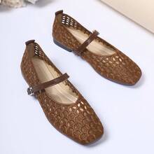 Women's Summer Breathable Hollow Crochet Oval Eye Pattern Square Toe Single Strap Flat Mary Jane Shoes, French Commute Daily Casual Brown Polyester Fabric Low Vamp - Brown - View 7
