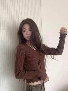 YCYC Atasan Lengan Panjang Wanita Model Ikat Depan Terbaru Musim Semi/Musim Gugur - Coffee Brown - View 3