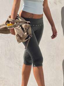 SCARLUX Fall Y2K Women Basic Dark Gray Fold Over Waist Eyelet Detail Biker Shorts, Knee Length Leggings For Back To School Daily Street Outfits Summer - Grey - View 3
